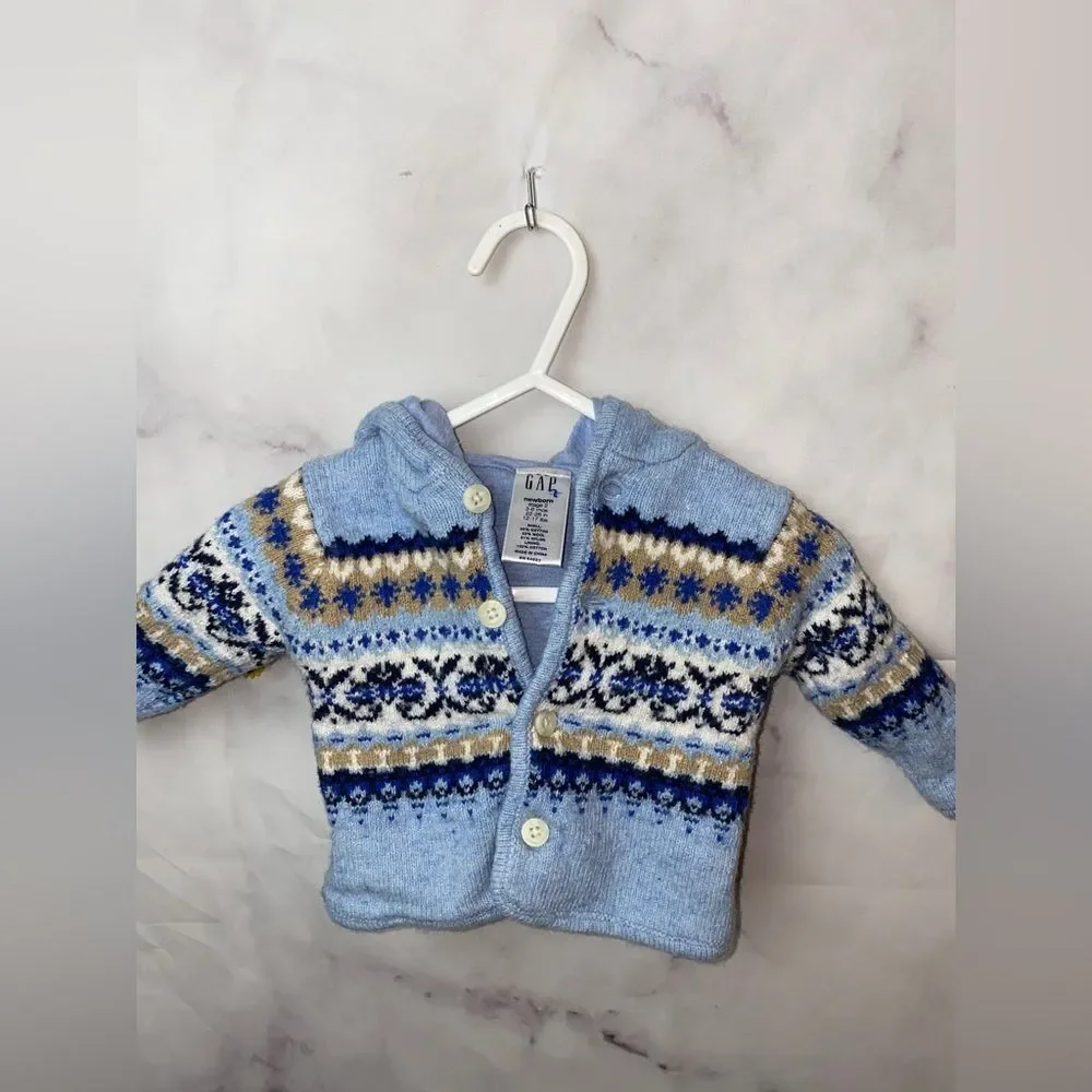 Baby Gap 3-6 M Newborn Infant Knit Blue Hoodie Sweater Button lined
